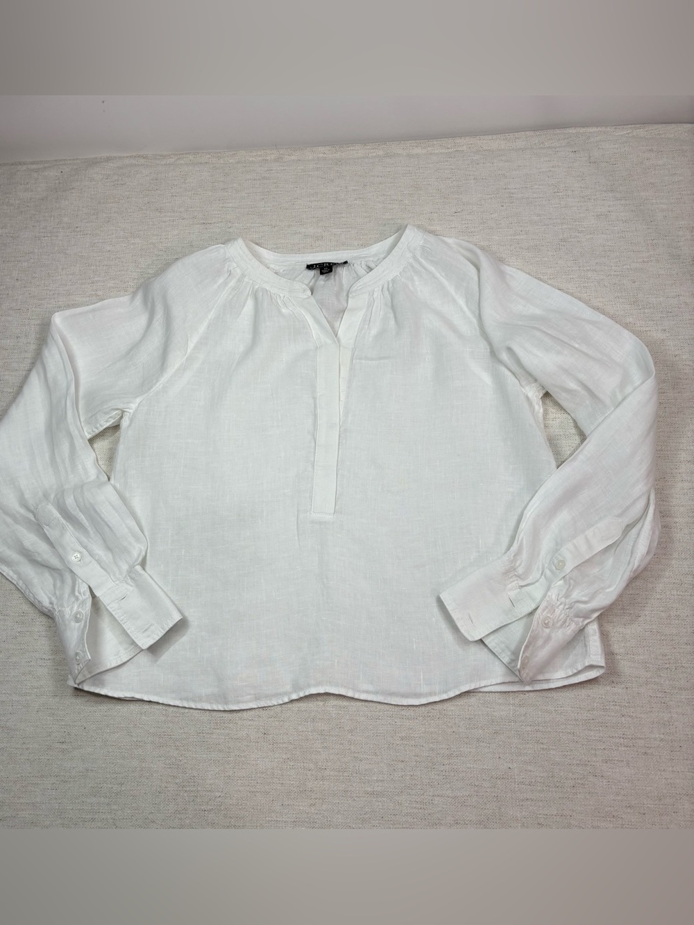 J Crew Women XS Cabana popover top in linen in white long sleeve relaxed fit